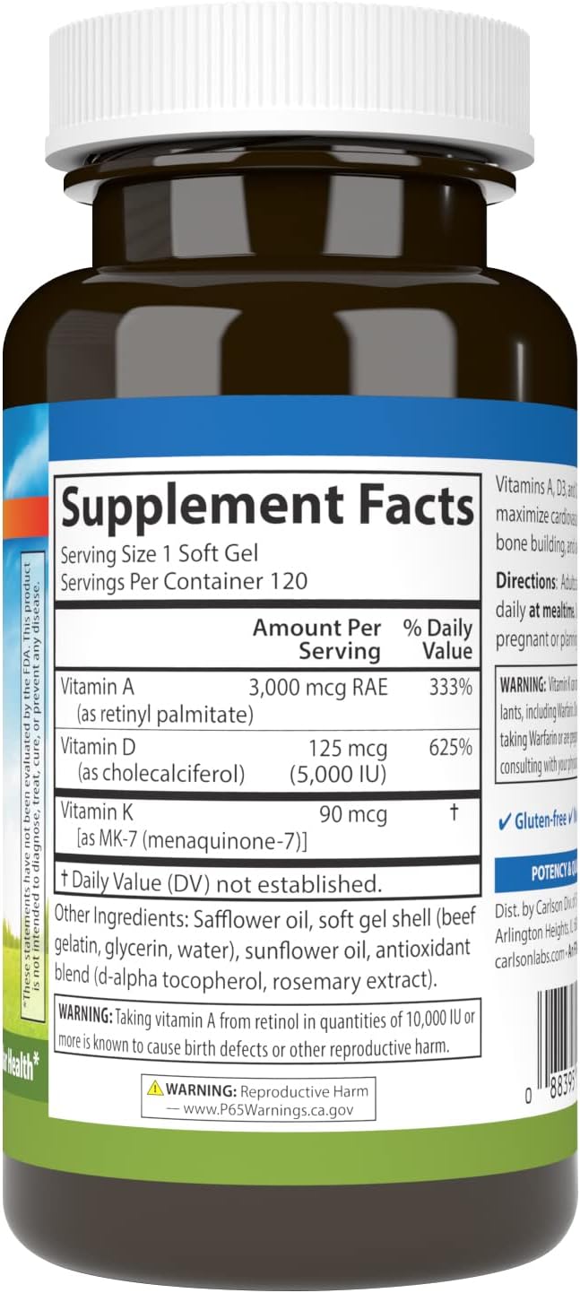 Carlson - Vitamins A, D3, K2, 3000 mcg RAE Vitamin A, 125 mcg Vitamin D3, 90 mcg Vitamin K2 as MK-7, Bone Building, Calcium Utilization, 120 Soft Gels