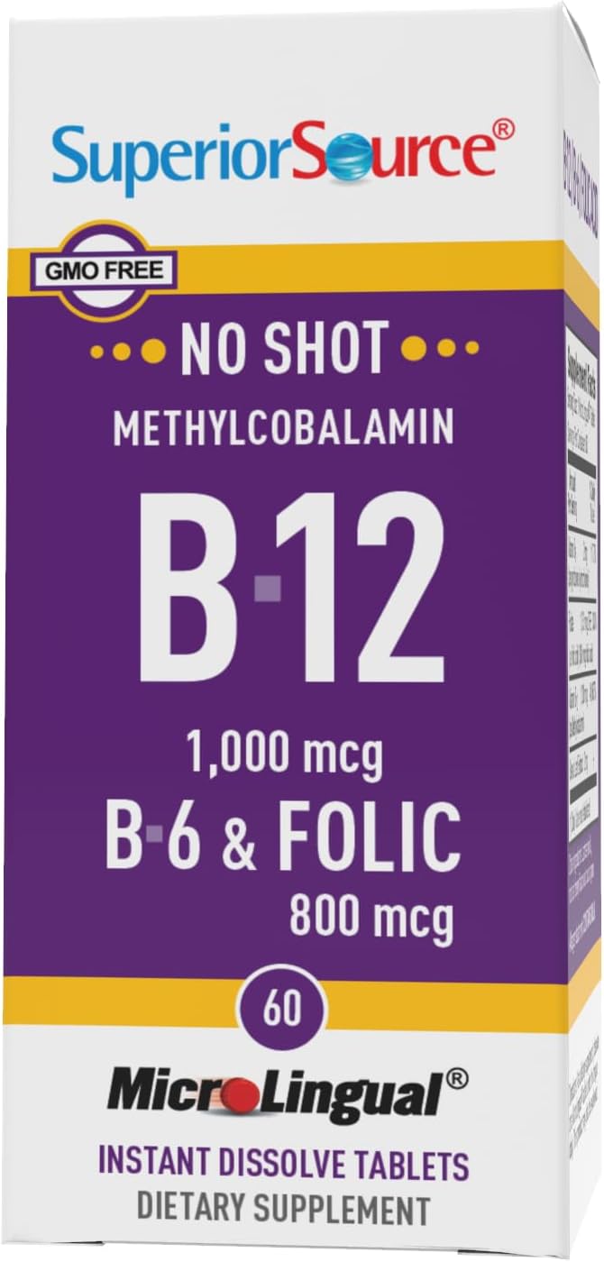 Superior Source No Shot Vitamin B-12 Methylcobalamin 1000 mcg, B-6 & Folic Acid 800 mcg - Supports Brain & Heart Health - Aids Natural Energy Levels - 60 Sublingual Dissolving Tablets