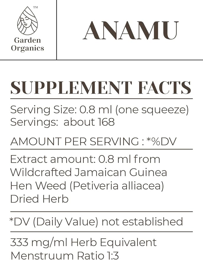 Anamu Alcohol-Free Natural Tincture Extract, Immune System Booster, Liquid Drops Made from 100% Wildcrafted Jamaican Guinea Hen Weed (Petiveria alliacea) Dried Herb (4 fl oz)