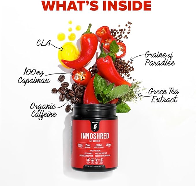 Inno Shred Fat Burner for Men and Women with 100mg Capsimax, Grains of Paradise, Organic Caffeine, Green Tea Extract, Appetite Suppressant, Weight Loss (60 Veggie Capsules) | (with Stimulant)