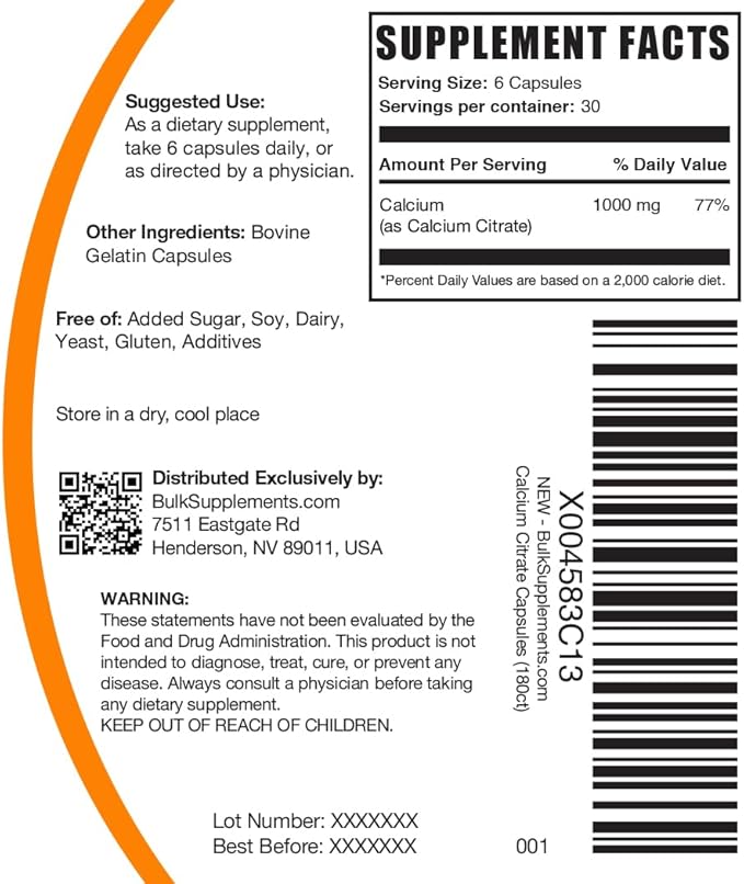 BulkSupplements.com Calcium Citrate Capsules - Calcium Citrate Supplement, with Calcium 1000mg per Serving - Soy Free, 6 Capsules per Serving, 180 Capsules (Pack of 1)