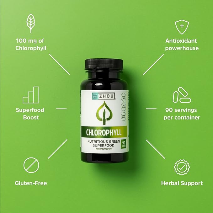 Zhou Nutrition Chlorophyll Tablets, Nutritious Green Superfood, Herbal Supplement, Gluten-Free, Herbal Support, 90 Tablets