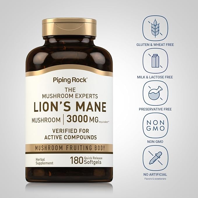 Piping Rock Lions Mane Supplement | 3000mg | 180 Softgel Capsules | Mushroom Fruiting Body Extract | Non-GMO, Gluten Free