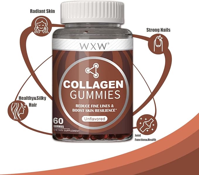 WXW Collagen Gummies - Unflavored - Type 1 & 3 Collagen Peptides for Women with Biotin, Vitamin C, E for Hair Skin and Nails & Joint Support - 60 Count
