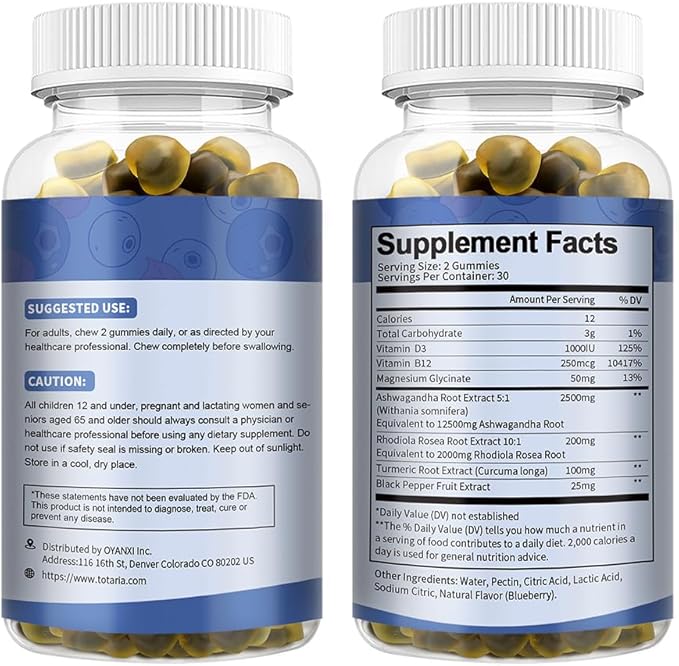 (2 Packs) Sugar Free Ashwagandha Filled Gummies w/Vitamin D3, Magnesium Glycinate, Rhodiola, Ultra Strength Ashwa Root Supplements for Women & Wen, for Relaxation, Energy, Cortisol Gummies