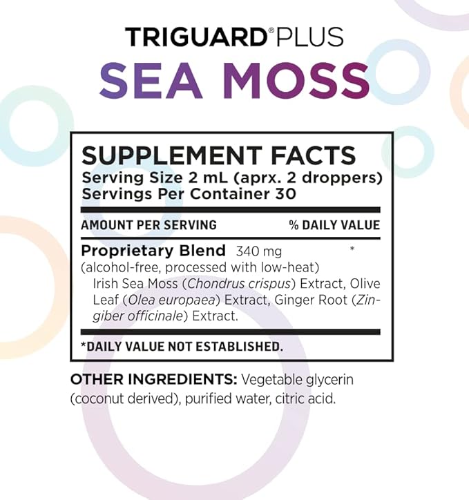 TriGuard Plus Sea Moss - Irish Sea Moss, Olive Leaf & Ginger Root Extract Liquid Tincture 2 fl oz | For Thyroid, Digestion, Immune Support & Energy | Alcohol-Free, Non-GMO, Made in USA