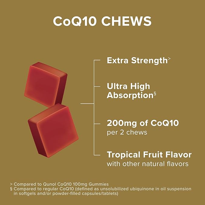 Qunol CoQ10 200mg Soft Chews, Extra Strength & Ultra High Absorption Coenzyme Q10 Supplement, #1 Cardiologist Recommended Supplement for Heart Health, 90 Count