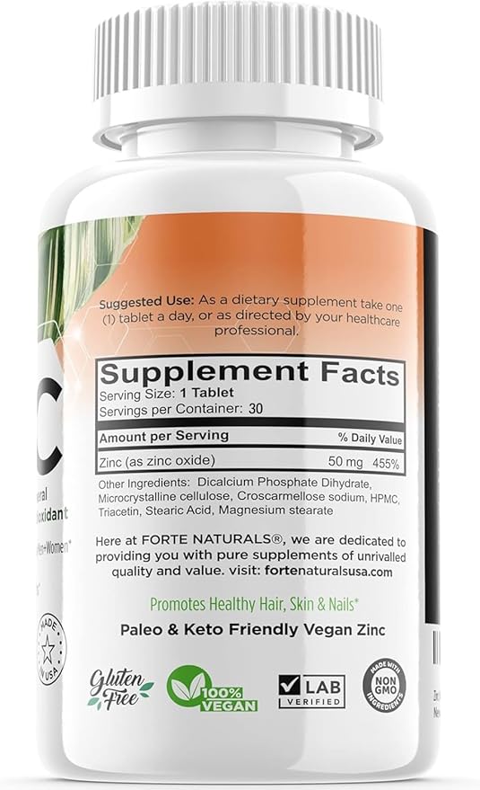 Zinc 50mg, (30 Tablets), Specially Formulated for Sensitive Stomach, Immune Support, Skin & Hair, Vegan Zinc Supplement, Non-GMO Made in USA