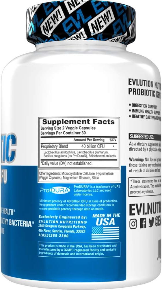 Evlution Nutrition Probiotic - 40 Billion CFU - Supports Digestive + Immune Health - Probiotic Supplement for Men & Women - Vegetarian, Gluten Free & Non-GMO - 30 Servings - 60 Veggie Capsules