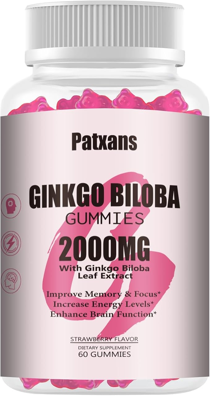 1 Pack 2000mg Ginkgo Biloba Gummies - Ginkgo Biloba Supplements for Brain Health Support, Improve Mood and Focus, Energy, Adult, Vegen, Non-GMO, Strawberry Flavor, 60 Count