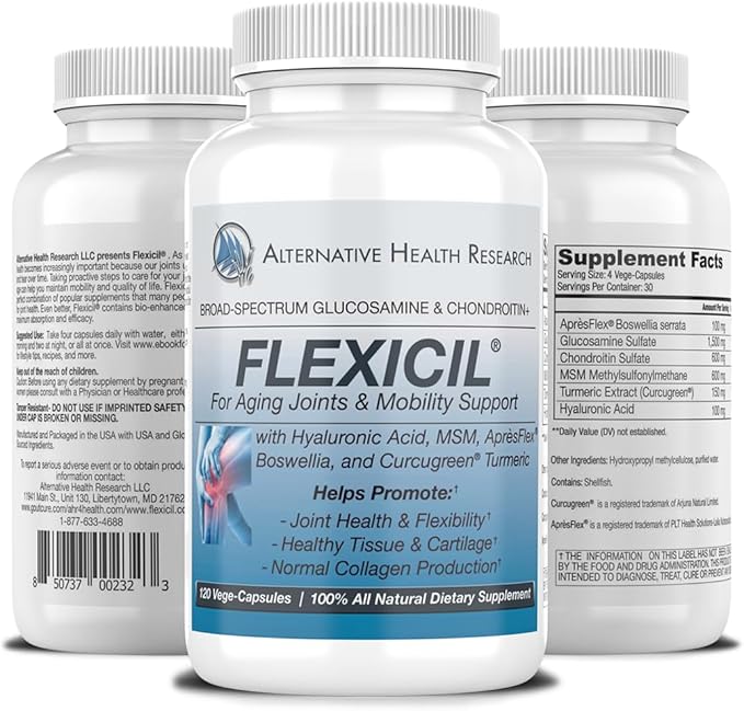 Flexicil Advanced Joint Mobility & Support | Glucosamine, Chondroitin, MSM, Hyaluronic Acid, Turmeric, Boswellia | Broad-Spectrum Bio-Enhanced Ingredients | 120 Vege-Capsules | 30-Day Supply
