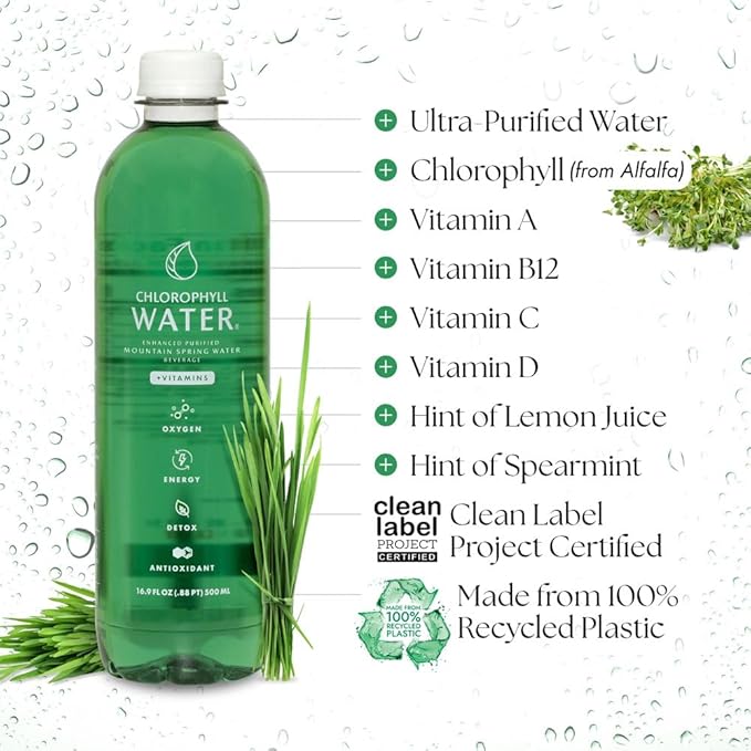Chlorophyll Water Plant Based Vitamin Water w/Chlorophyll Liquid | Antioxidants, Detox Water, Immune Support, Energy Boost | Liquid Chlorophyll, Mineral Water, Vitamins A,B,C,D | Zero Calories 6pk