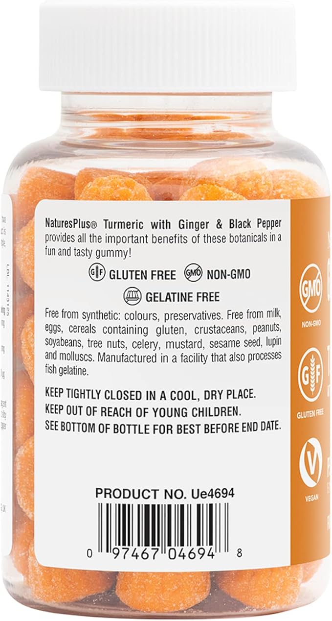 Natures Plus Gummies Turmeric Curcumin - 60 Gummies, Peach - Supports Joint, Digestive & Cardiovascular Health - Vegan, Gluten Free, Non-GMO - 30 Servings