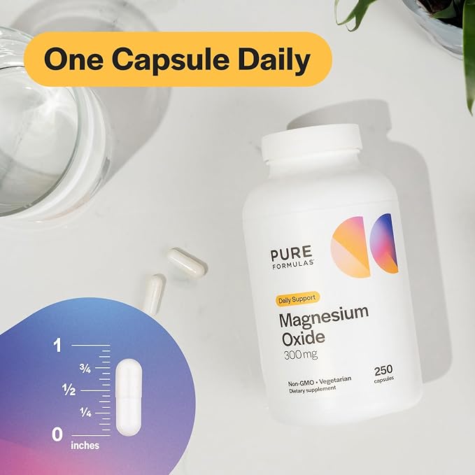 PureFormulas Magnesium Oxide 300 mg Supports Healthy Heart Function, Immune Support, Muscle Recovery, Leg Cramps, Relaxation, Non-GMO, 250 Vegetarian Capsules