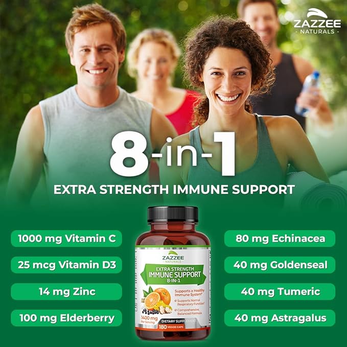 Zazzee Extra Strength 8-in-1 Immune Support, 1400 mg per Capsule, 180 Vegan Capsules, 1000 mg Vitamin C, 1000 IU D3, Zinc, Elderberry, Echinacea, Goldenseal, Turmeric, Astragalus, Made in The USA