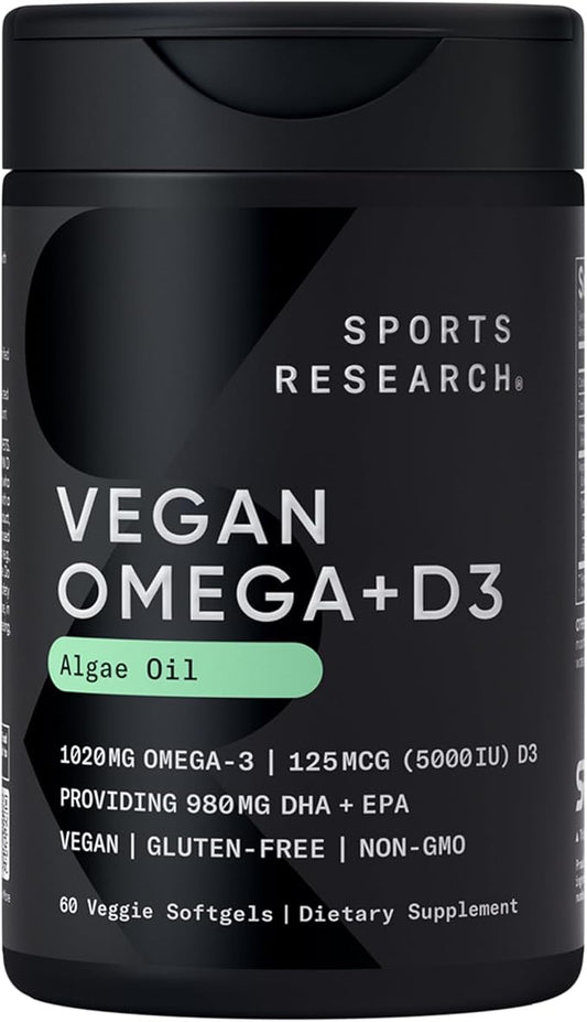 Sports Research® Vegan Omega-3 + Vitamin D3 5000iu (125mcg) - Vegan Certified · Carrageenan Free · Gluten Free - 60 Plantgel® Capsules