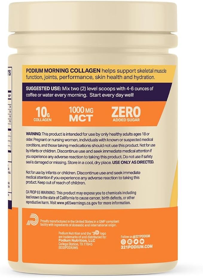 Podium Nutrition, Morning Collagen, Sweet Cream, 20 Servings, Collagen Protein, Gluten Free, Soy Free