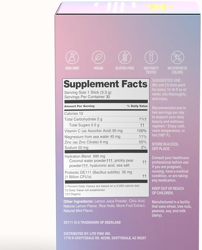 Gloci Skin + Gut - Probiotic DE111 - Hyaluronic Acid, Magnesium, Vitamin C, Zinc, Coconut Water Powder - Clinically Studied Probiotic for Radiant Skin, Gut Health, Hydration - 30 Count
