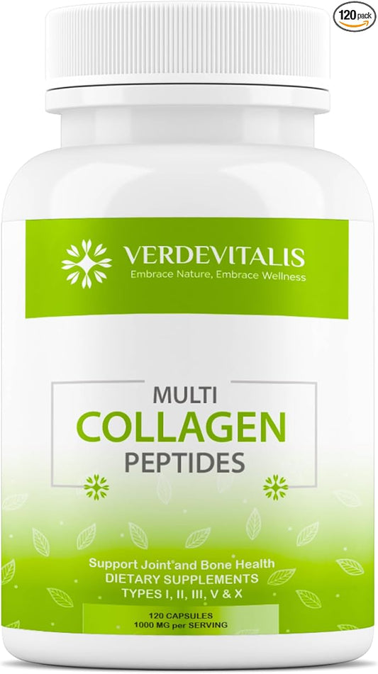 Multi Collagen Peptides Capsules -Non-GMO&Gluten Free Type I, II, III, V, X Hydrolyzed Collagen Supplements with Vitamin C - Supports Healthy Hair, Skin, Nails, & Joints - 120 CPS