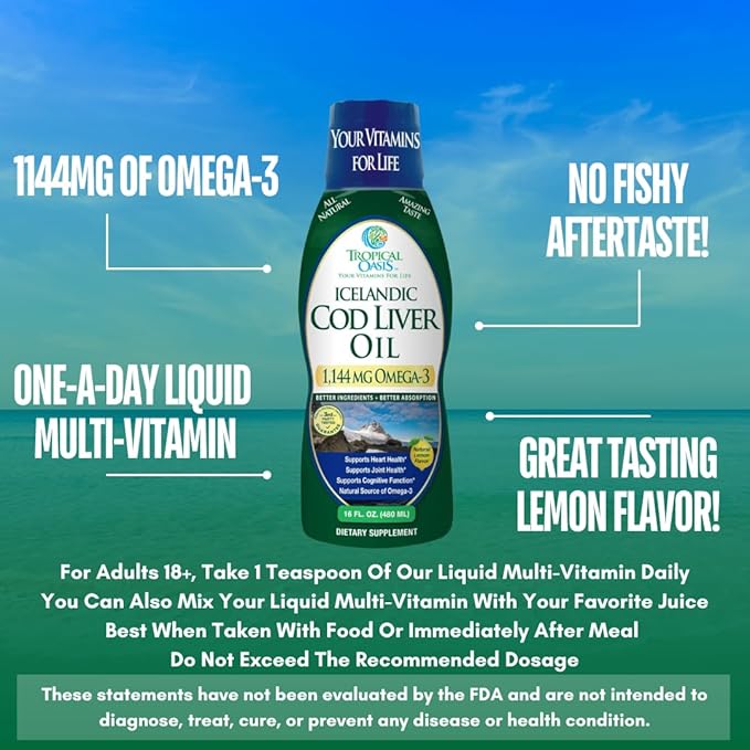Tropical Oasis - Icelandic Cod Liver Oil | Maximum Strength 1144mg of Liquid Wild-Caught Natural Omega-3 Fish Oil (Lemon Flavor, 90 Servings)