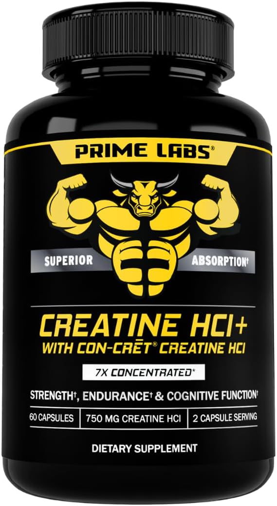 Prime Labs Concrete Creatine HCl Capsules - with CON-CRĒT®, Rhodiola Root Extract, & L-Theanine - Muscle Support, Endurance, Cognitive Function - for Men & Women - 60 Count