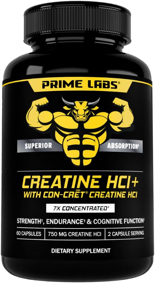 Prime Labs Concrete Creatine HCl Capsules - with CON-CRĒT®, Rhodiola Root Extract, & L-Theanine - Muscle Support, Endurance, Cognitive Function - for Men & Women - 60 Count