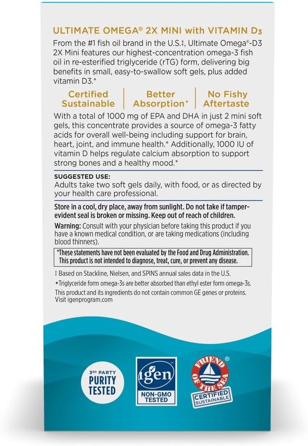 Nordic Naturals Ultimate Omega 2X Mini D3, Lemon Flavor - 60 Mini Soft Gels - 1120 mg Omega-3 + 1000 IU Vitamin D3 - EPA & DHA - Promotes Brain & Heart Health - 30 Servings
