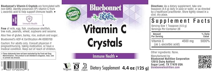 Bluebonnet Nutrition Vitamin C Crystals, for Immune Health, for Antioxidant Protection, Soy Free, Gluten Free, Non-GMO, Kosher, Dairy Free, Vegan, Powder, 4.4 oz (125 g)