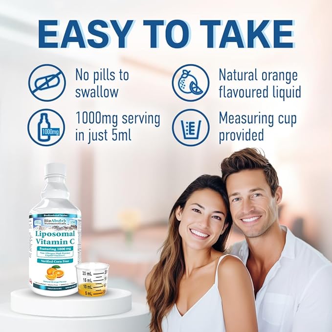 Bio Absorb Liposomal Vitamin C 1000mg. 150 Servings of Corn-Free Liquid Vitamin C. Non GMO. Soy-Free. Vegan. Natural Orange Flavor (25oz)