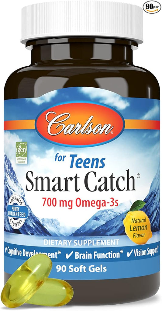 Carlson - Teen's Smart Catch, 700 mg Omega-3s, Cognitive Development, Brain Function & Vision Support, Lemon, 90 Softgels
