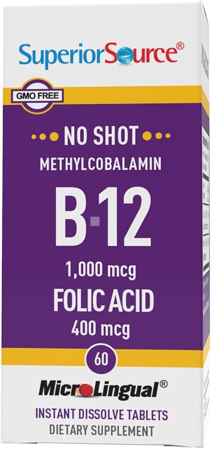 Superior Source No Shot Vitamin B12 Methylcobalamin (1000 mcg), Folic Acid, Quick Dissolve MicroLingual Tablets, 60 Count, Active Form of B12, Increase Energy, Healthy Heart, Boost Metabolism, Non-GMO