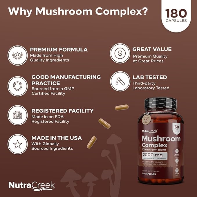 Mushroom Complex | Cordyceps Mushroom, Reishi, Shiitake, Maitake and Lions Mane Supplement. A 10-Mushroom Supplement to Support Your Mind and Body | 180 Mushroom Capsules