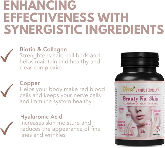 Unique Formula® Premium Beauty Skin 25+ | Hydrolyzed Collagen Type I, Hyaluronic Acid, L-Cysteine, Vitamins C, A, B5, E & Biotin, Copper | Dupport Healthy Skin, Nails, Hair, Glowing Look