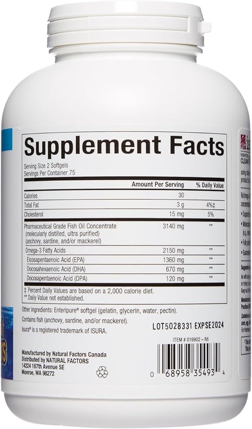 Natural Factors, Ultra Strength RxOmega-3 Fish Oil, High Potency Formula, 2,150 mg Omega-3 Per Serving, No Fishy Aftertaste, 150 Softgels