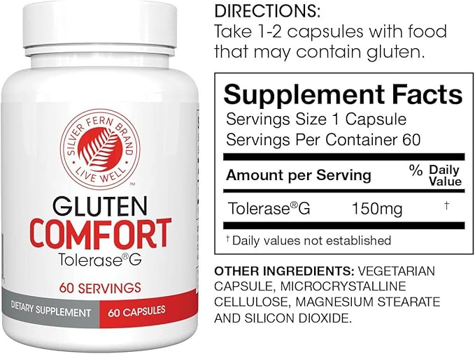 Silver Fern Gluten Comfort with Tolerase G - 1 Bottle - 60 Capsules - Digestive Enzyme Made Specifically to Break Down and Digest Gluten Protein