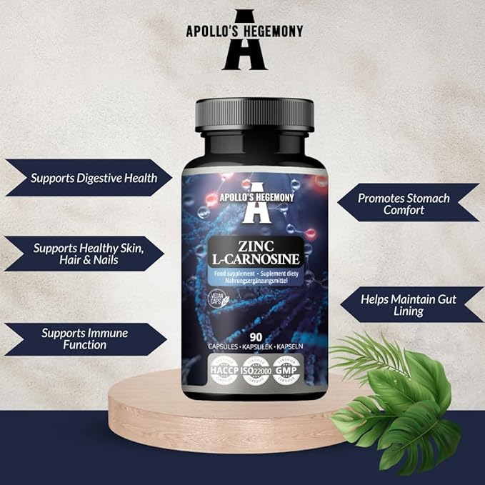 APOLLO'S HEGEMONY Zinc L-Carnosine 37.5 mg per Capsule - 90 Vegan Capsules - 3 Months Supply - for Skin, Hair & Nail Health - Supplement