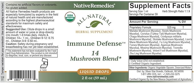 Native Remedies Immune Defense 14 Mushroom Blend to Protect and Maintain Immune System Function, 2 Fl oz.