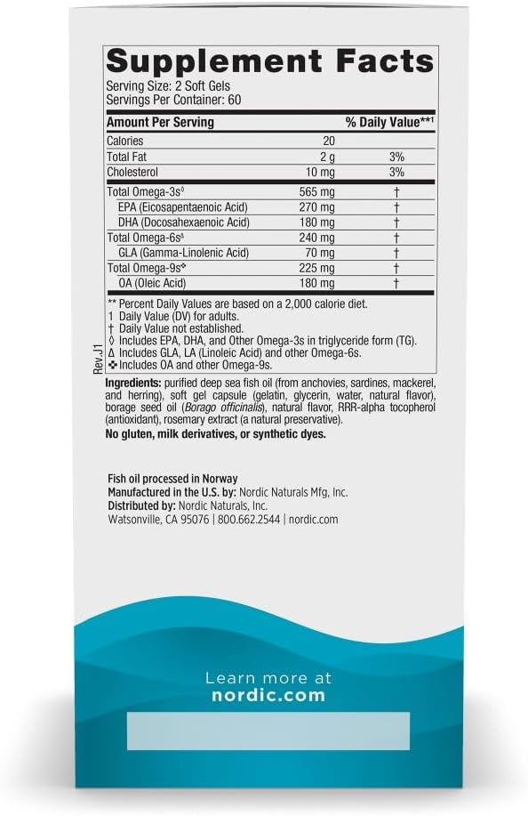 Nordic Naturals Complete Omega, Lemon Flavor - 120 Soft Gels - 565 mg Omega-3 - EPA & DHA with Added GLA - Healthy Skin, Cognition, Positive Mood - Non-GMO - 60 Servings