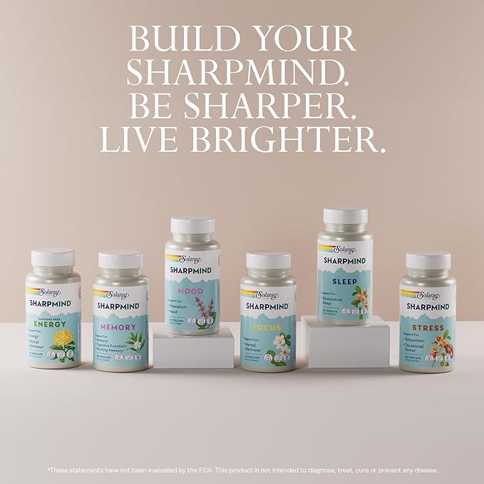 SOLARAY SharpMind Memory Formula - Brain Supplements for Memory and Focus - Cognivia, Gotu Kola & Chaga Mushroom Supplement - Ginkgo Biloba Alternative - 60-Day Guarantee - 30 Servings, 60 VegCaps