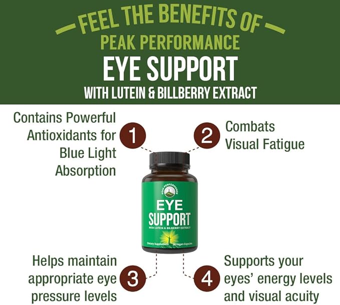 Peak Performance Eye Vitamins - Eye Support Supplement for Computer Users with Lutein, Zeaxanthin, Astaxanthin, Carotenoids, and Bilberry Extract. Support for Eyes. 30 Vegan Capsules