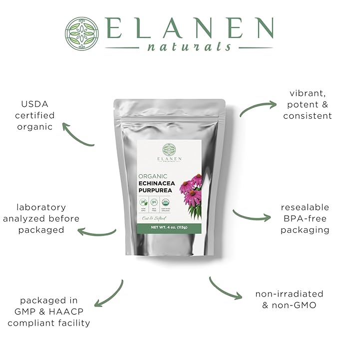 Organic Echinacea Purpurea 4 oz. (113g), USDA Certified Dried Echinacea Tea, Premium Quality Herb, Purple Coneflower, Cut & Sifted