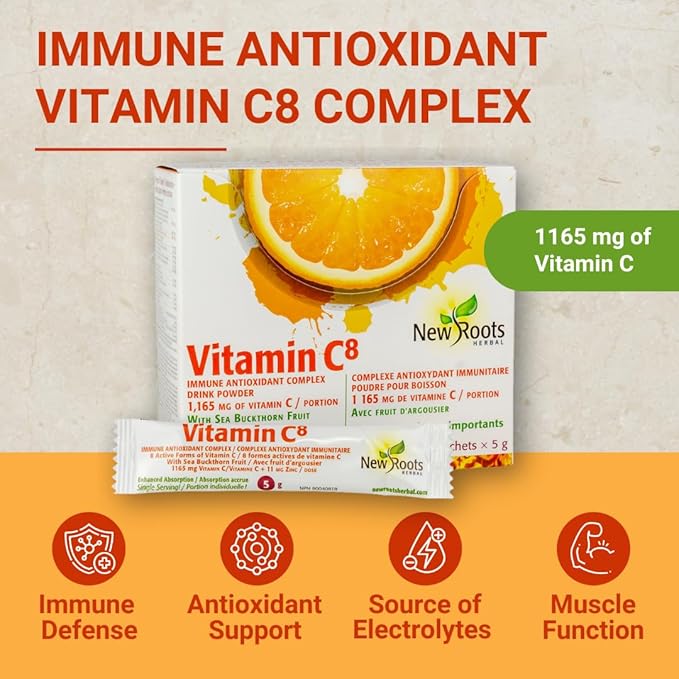 New Roots | Vitamin C⁸ Powder Immune Support | 30 Sachets, 1165 mg Vitamin C | 8 Unique Buffered Forms, Electrolytes, Bioflavonoids & Green Tea for Maximum Absorption & Antioxidant Defense
