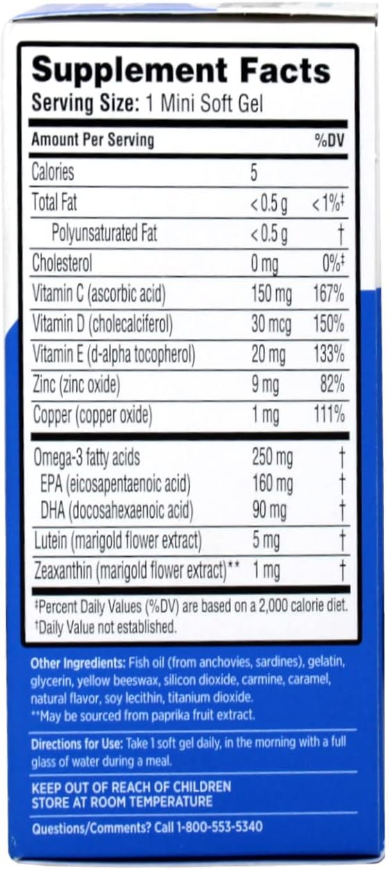 Ocuvite 50+ Eye Vitamin & Mineral Supplement, Multivitamin for Vision & Ocular Health with Omega-3, Zinc, Vitamins C & E, Lutein & Zeaxanthin, Zinc Supplements for Women and Men, 50 Softgels