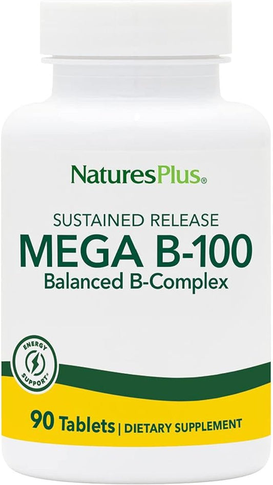 Natures Plus Mega B-100 Complex - 90 Sustained Release Vegetarian Tablets - Energy & Brain Booster - Gluten Free - 90 Servings