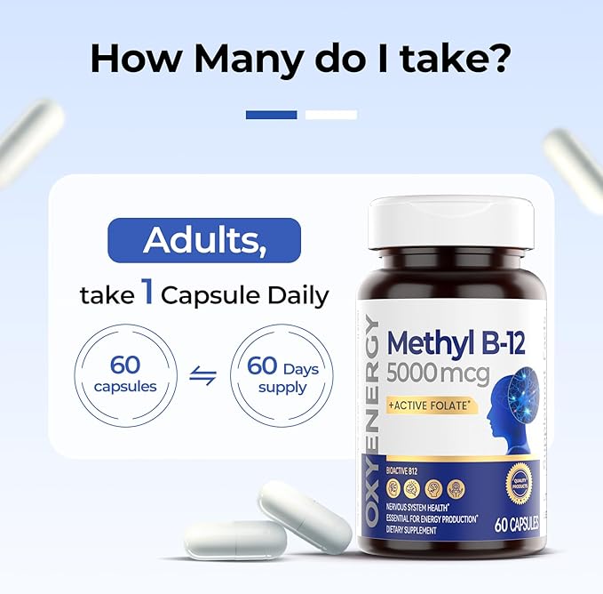OxyEnergy Methyl Vitamin B12 5000mcg, Extra Strength Methylcobalamin B-12 Supplements with Folate, Support Nerves, Energy Metabolism & Cognitive,60 Capsules