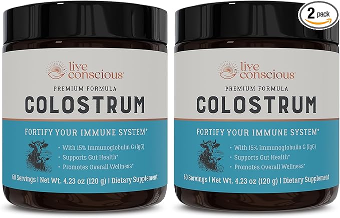 Live Conscious Colostrum Powder - Grass Fed Bovine Colostrum Supplement with Lactoferrin for Iron Absorption - Immune System Supplement (2-Pack)