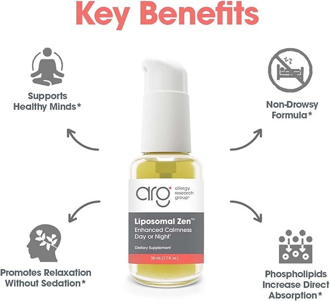 Allergy Research Group Liposomal Zen - L-Theanine Liquid Supplement, GABA Calming Support, Sleep Liposomal, Day or Night, Sunflower Phospholipids, Fast-Acting Zen Formula - 1.7 Fl Oz