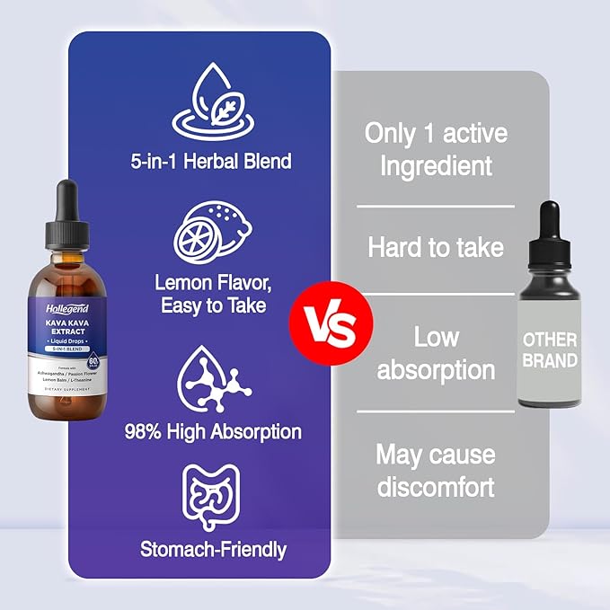 Kava Kava Root Extract Liquid Drops, 5 in 1 Blend with Ashwagandha, Lemon Balm, L-Theanine, Kava Tincture Supplement for Stress Relief, Sleep, Brain Health, 2 Fl Oz