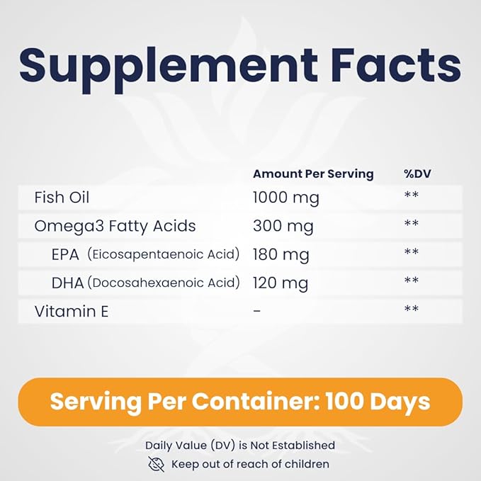 Fish Oil 1000 mg Softgels, 300 mg Omega 3 Supplements, 200 Softgels, 100 Days Supply