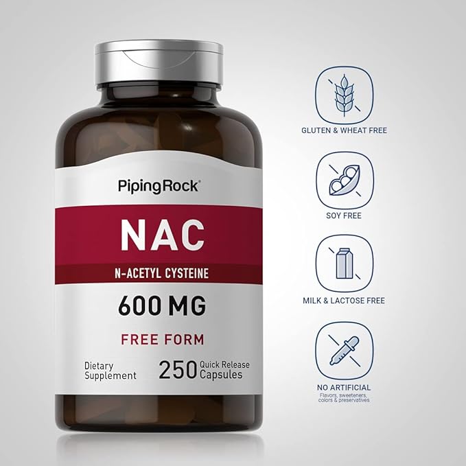 Piping Rock NAC Supplement N-Acetyl Cysteine | 600mg | 250 Capsules | Free Form | Non-GMO, Gluten Free Supplement